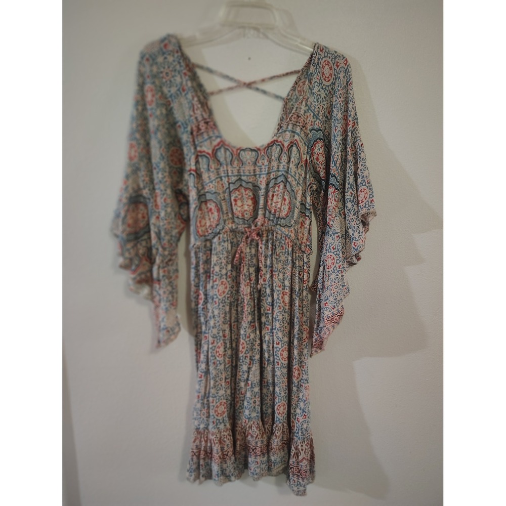 Belvini Blue Red Medallion Print Bell Sleeve Boho Mini Dress Women Medium